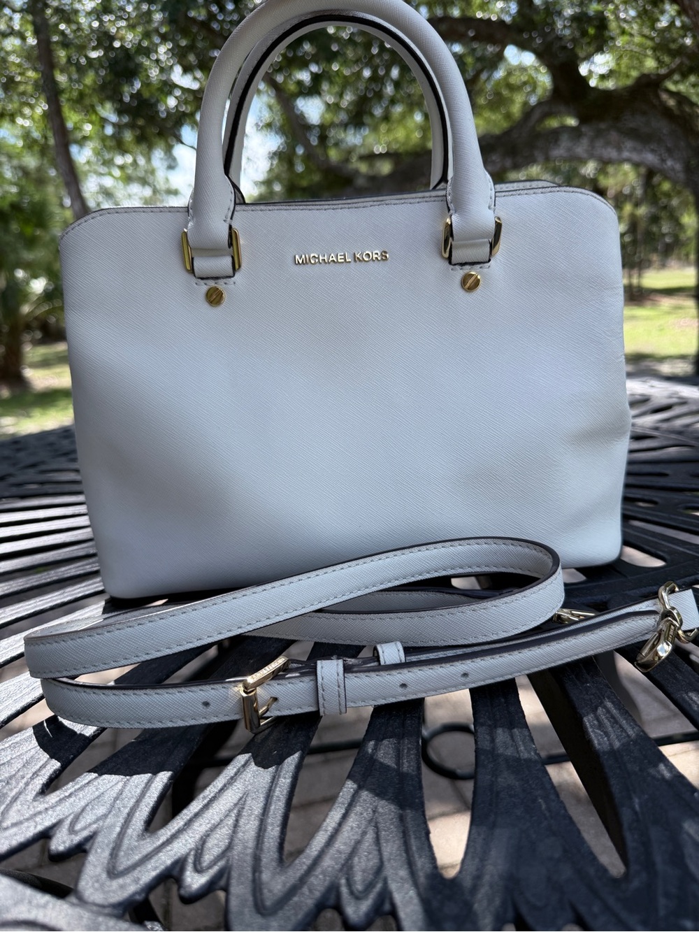 Michael Kors Savannah Saffiano Leather Satchel Bag - Optic White